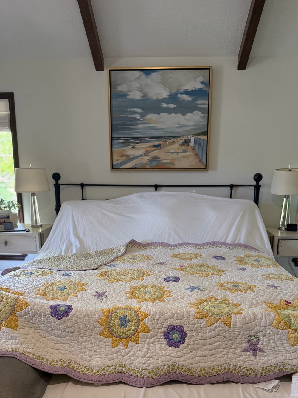 Pottery Barn Kids Cream, Yellow and Purple Floral Sunburst Quilt